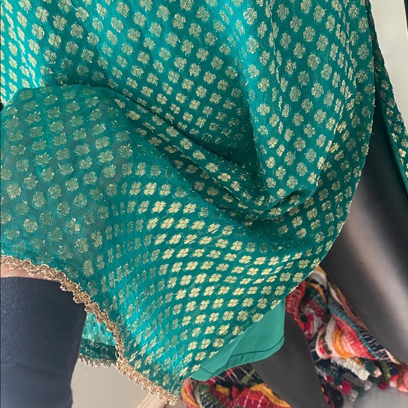 ESIKA Green and Gold Embroidered Midi Indian Shimmery Silk Punjabi Tunic Dress - Picture 14 of 14